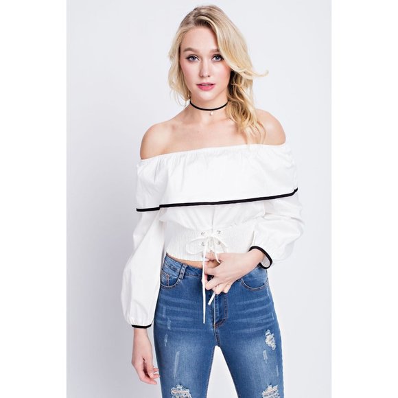 Women's Super Cute Comfy Off Shoulder Top With Contrast Detail Linning & Corset - Picture 8 of 10